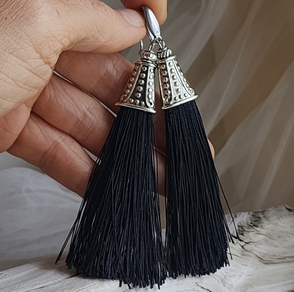 Long Black Silk Tassels Silver Hipoallergenic Long Dungling Earrings